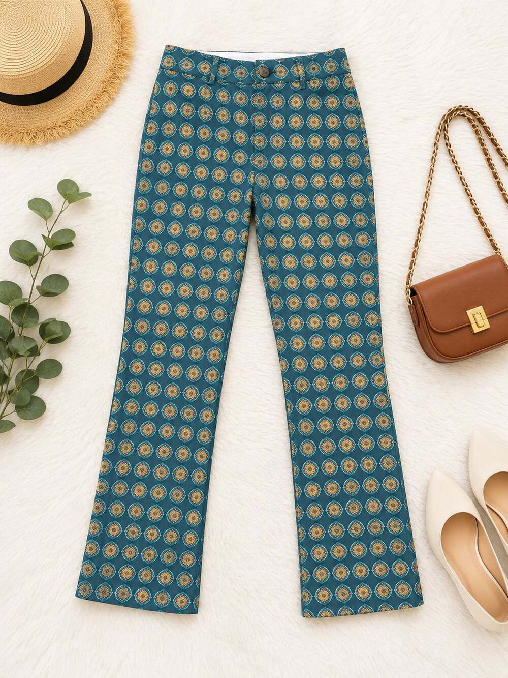 Lands' End Women's Fit 2 Slim Leg Emerald Green Medallion Print Pants Size 2